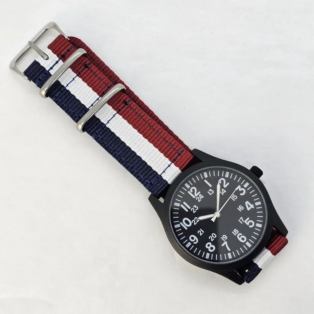 Men's 42MM Field Watch‎ Black Dial Blue White Red Canvas Band Straps New Battery